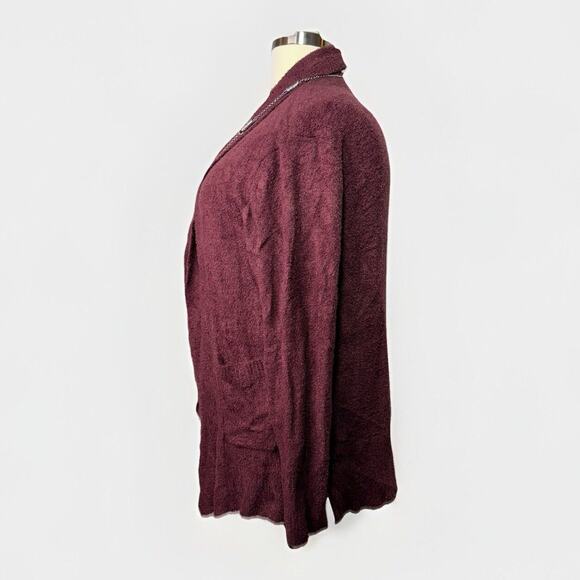 Rachel Zoe Cardigan Sweater Open Front Burgundy Plush Boucle Knit Soft Size L - Picture 4 of 11
